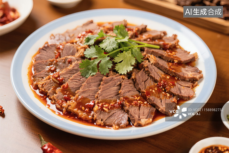 【AI数字艺术】一盘美味的五香牛肉，上面撒着香菜图片素材