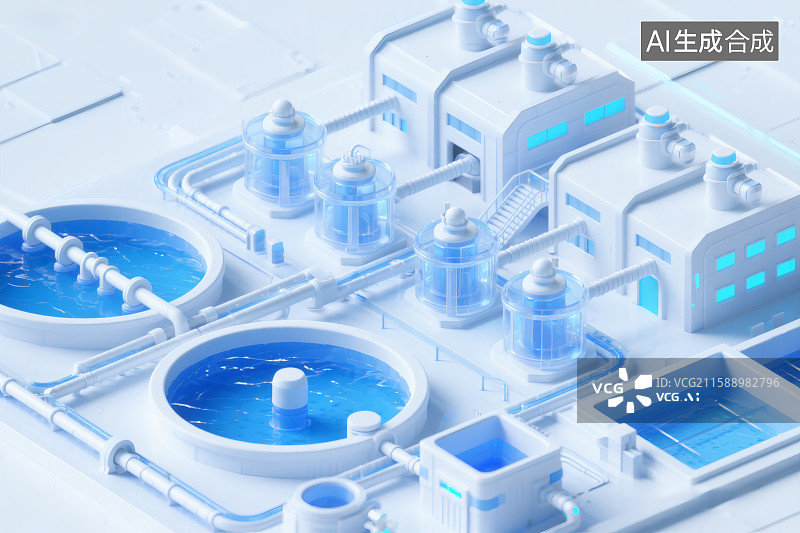 【AI数字艺术】现代自来水厂，通过过滤消毒等设施取得干净的饮用水图片素材