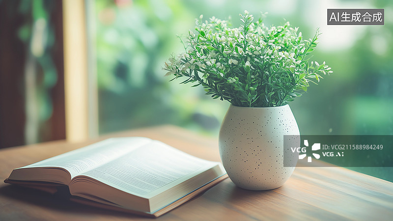 【AI数字艺术】桌上一本翻开的书和绿色植物图片素材