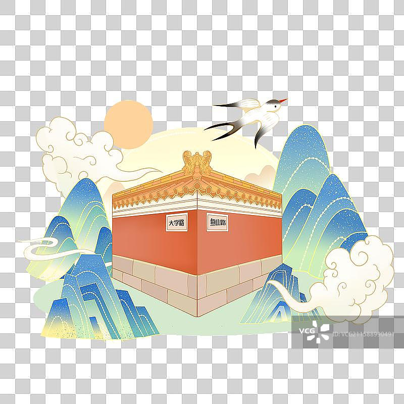 青岛地标大学路红墙插画图片素材