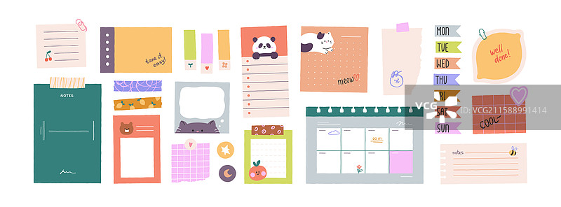 撕裂的纸条、空白笔记本页面和贴纸图片素材