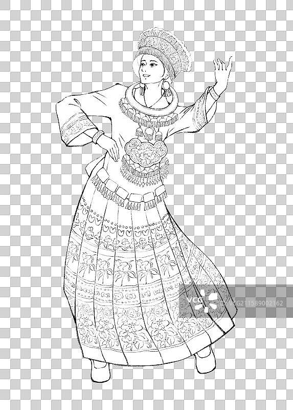 56民族，苗族，女，素描线稿图片素材