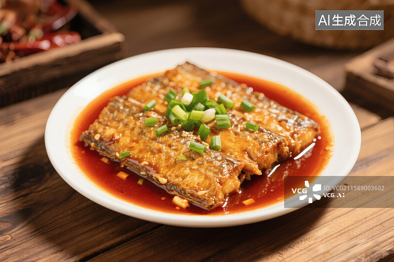 【AI数字艺术】木桌上一盘美味的红烧带鱼，上面撒着葱花图片素材