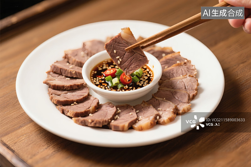 【AI数字艺术】一盘美味的酱牛肉，筷子夹起一块，蘸着酱料图片素材