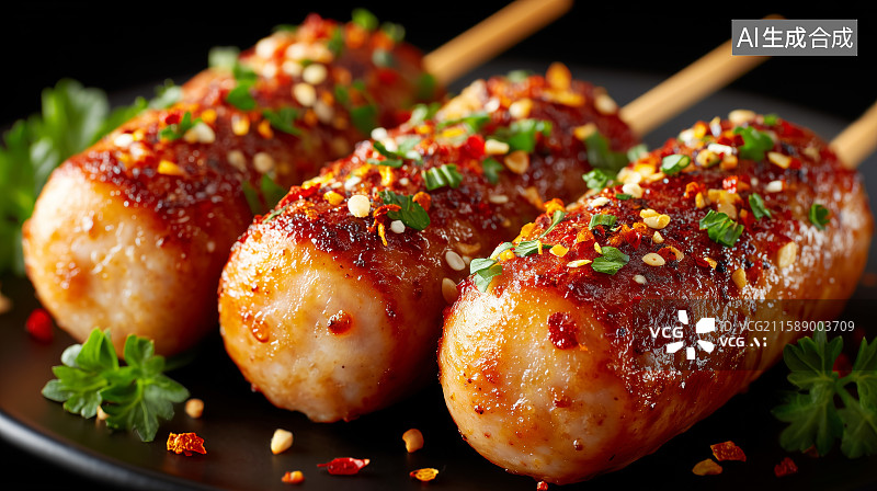 【AI数字艺术】香辣烤肠串撒满调料与芝麻图片素材
