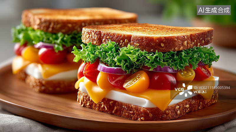 【AI数字艺术】美味三明治新鲜蔬菜与奶酪的完美结合图片素材