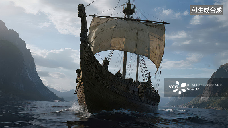 【AI数字艺术】维京长船航行于峡湾之中图片素材