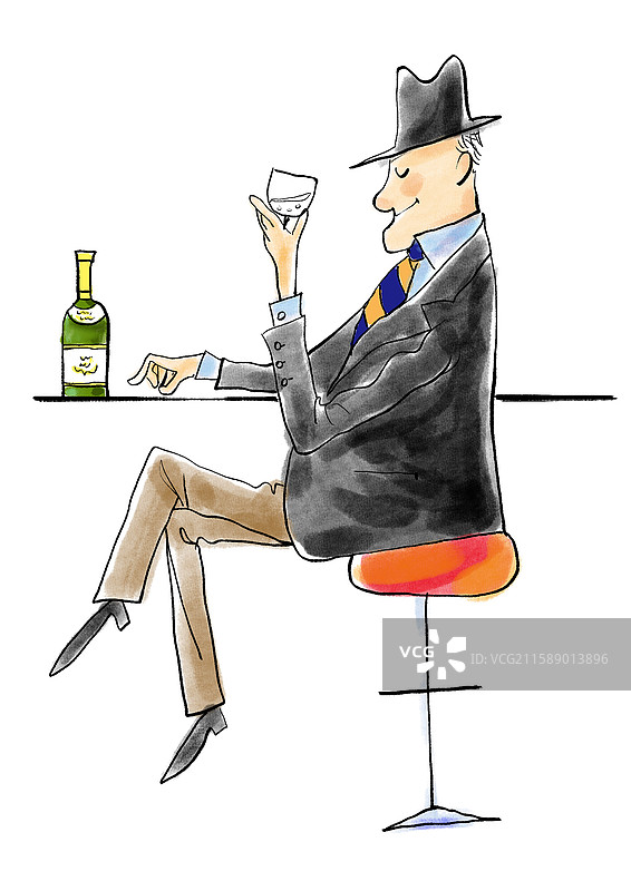 优雅的成功男士拿着酒杯在酒吧喝酒品酒，手绘简笔水彩画图片素材