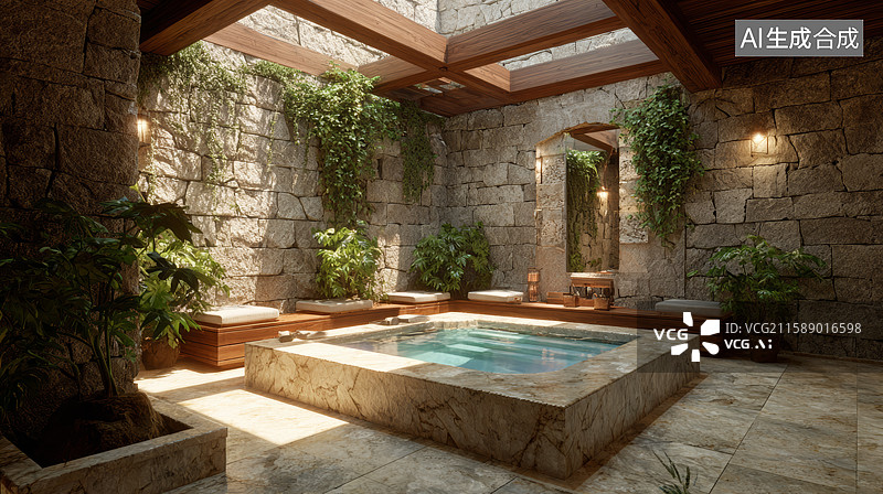 【AI数字艺术】室内石砌泳池与绿植装饰图片素材