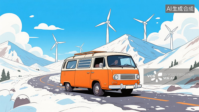 【AI数字艺术】雪地风光中的橙色面包车图片素材