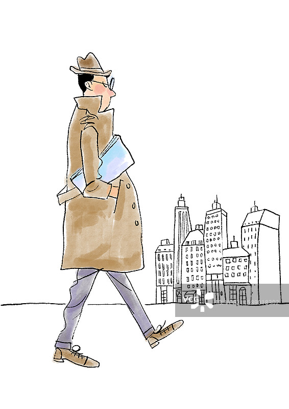 一个戴着帽子穿着风衣的男士走在欧洲建筑街道上，手绘简笔画水彩画图片素材