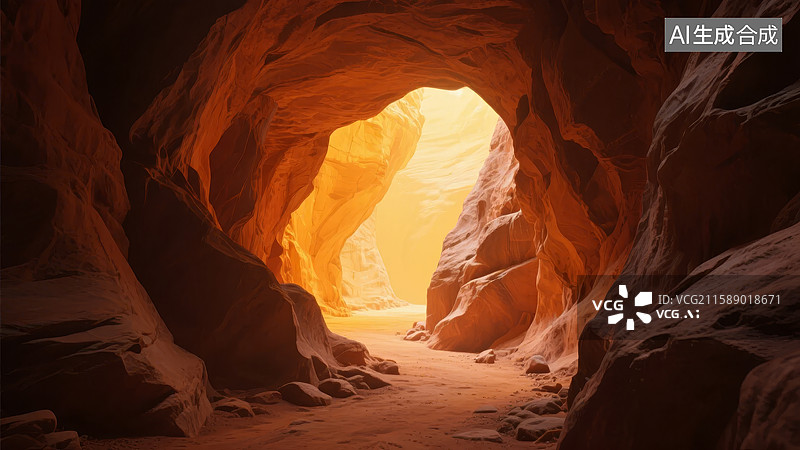 【AI数字艺术】沙漠岩洞中的金色光芒图片素材