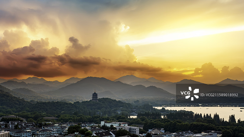 日落山间西湖园林图片素材