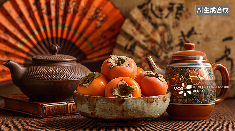 【AI数字艺术】中式静物组合：柿子、铁壶与折扇图片素材