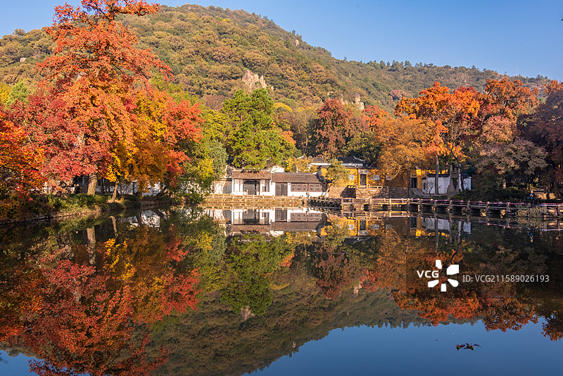 苏州天平山湖光山色相映，秋日红叶黄叶点缀，美景如画。图片素材