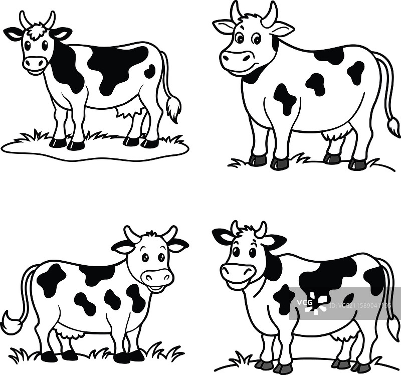 黑白牛线条艺术涂色页套装图片素材