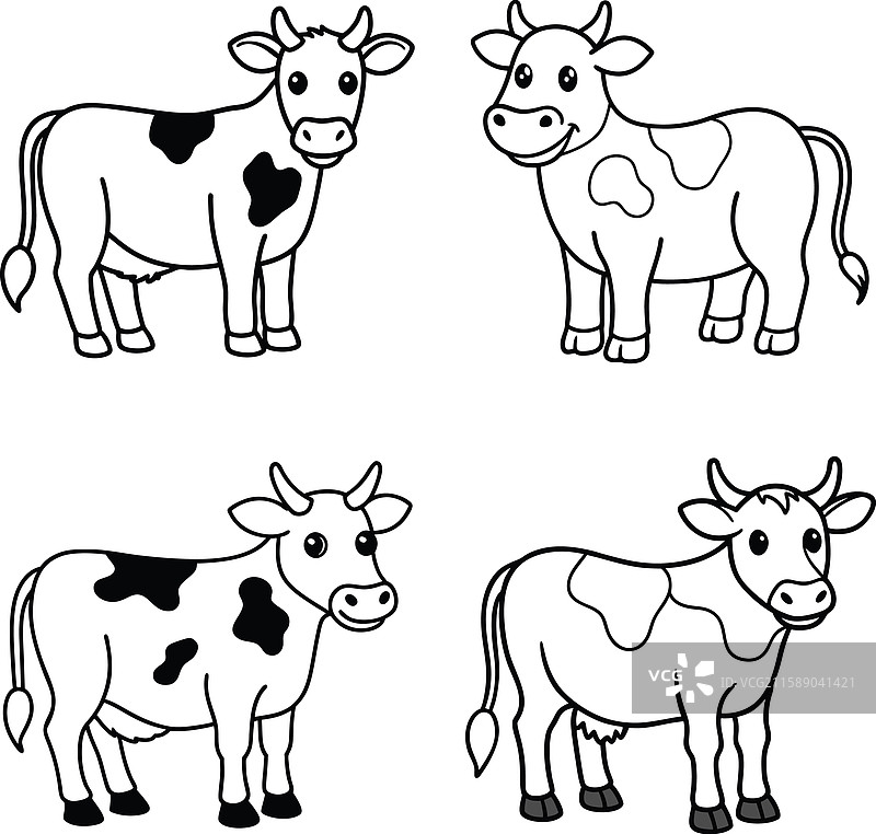 黑白牛线条艺术涂色页套装图片素材