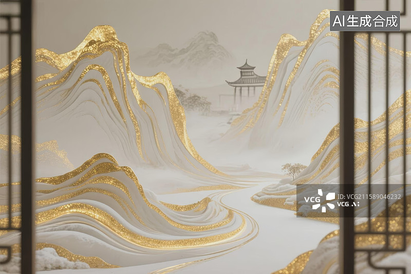 【AI数字艺术】金色山水画卷图片素材