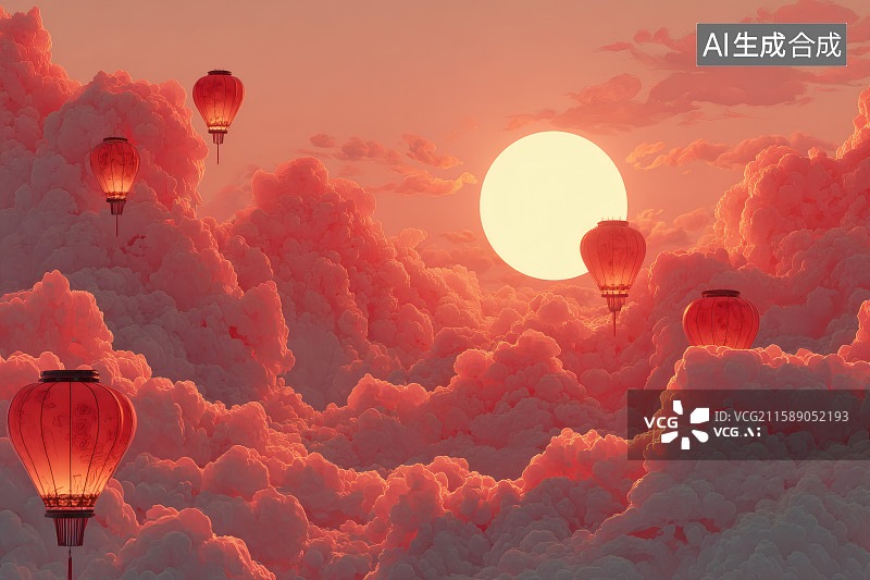 【AI数字艺术】一轮红日将云朵映成红色，空中燃放的孔明灯图片素材