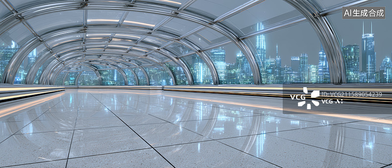 【AI数字艺术】未来感十足的封闭走道与城市景观图片素材