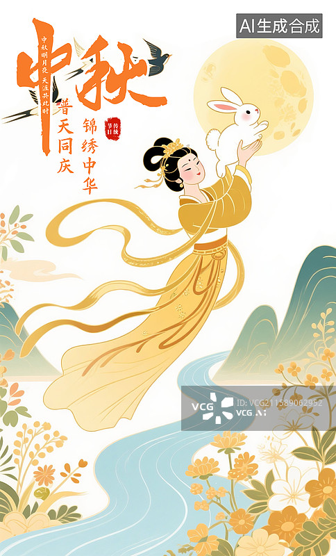 【AI数字艺术】国风节日系列海报模版-中秋节 山水之间嫦娥抱着玉兔飞舞在满月旁 山水画 白色背景 竖版图片素材