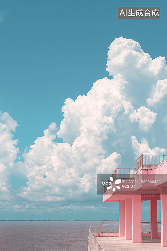 【AI数字艺术】粉色瞭望塔与蓝天白云图片素材