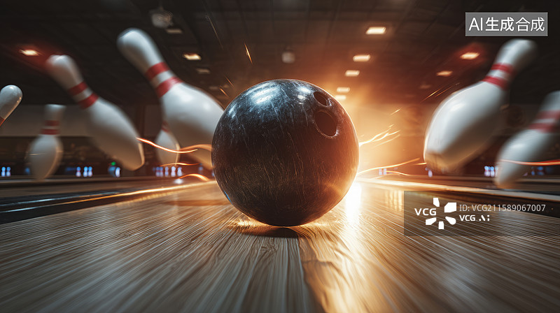 【AI数字艺术】保龄球滚动向球瓶瞬间图片素材