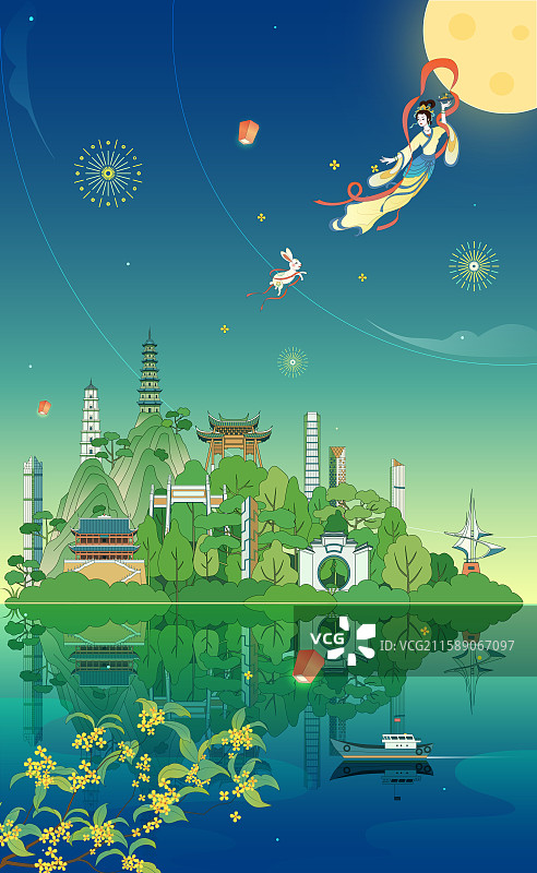 福州城市建筑中秋嫦娥奔月国风插画图片素材