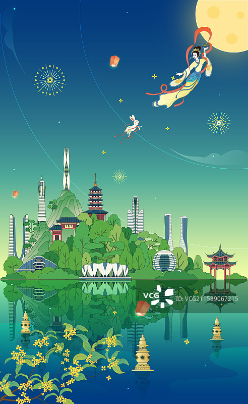 杭州城市建筑中秋嫦娥奔月国风插画图片素材