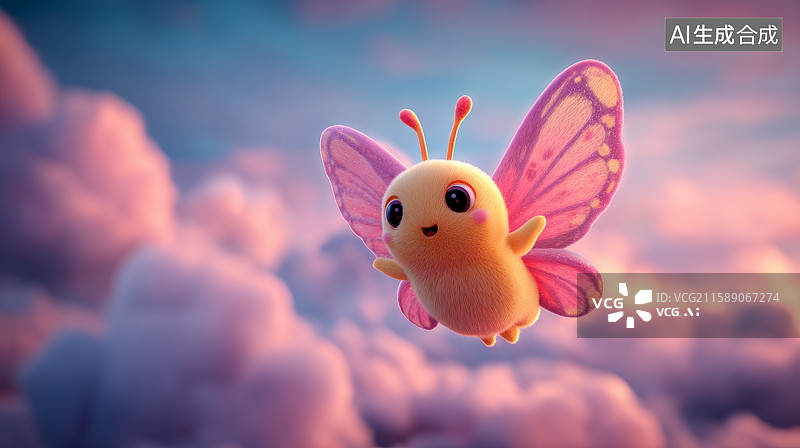【AI数字艺术】可爱卡通蝴蝶云端飞翔图片素材