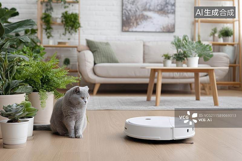 【AI数字艺术】室内智能扫地机器人清洁场景图片素材