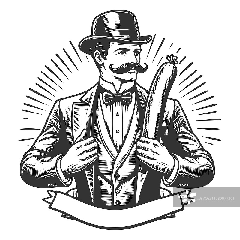 绅士手持大香肠的雕刻作品图片素材