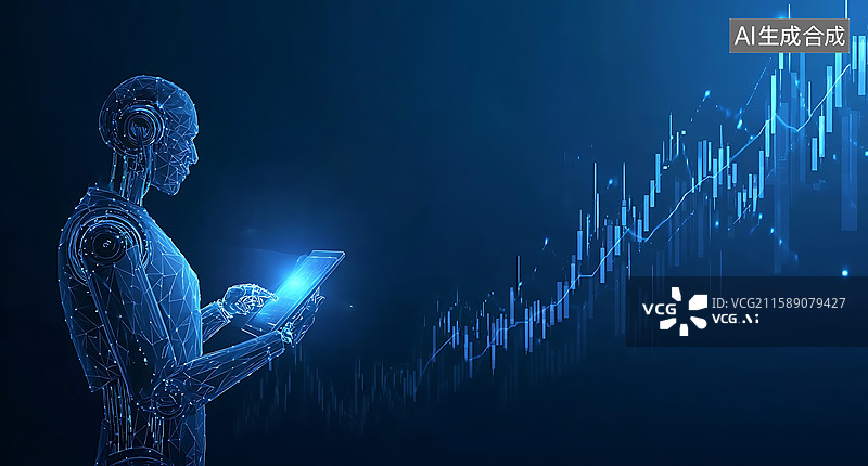 【AI数字艺术】科幻感 AI 机器人与金融数据图表结合图，以蓝色线条、发光元素营造出充满科技感与未来感的视觉效果图片素材