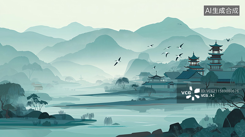 【AI数字艺术】水墨风格的东方山水画图片素材