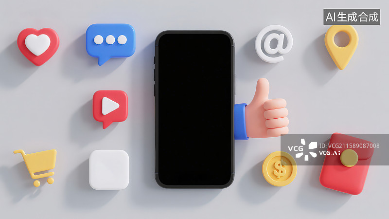 【AI数字艺术】纯色背景下悬浮着各种社交媒体购物车红包金币定位等图标和一个点赞姿势的手与黑色屏幕的智能手机图片素材