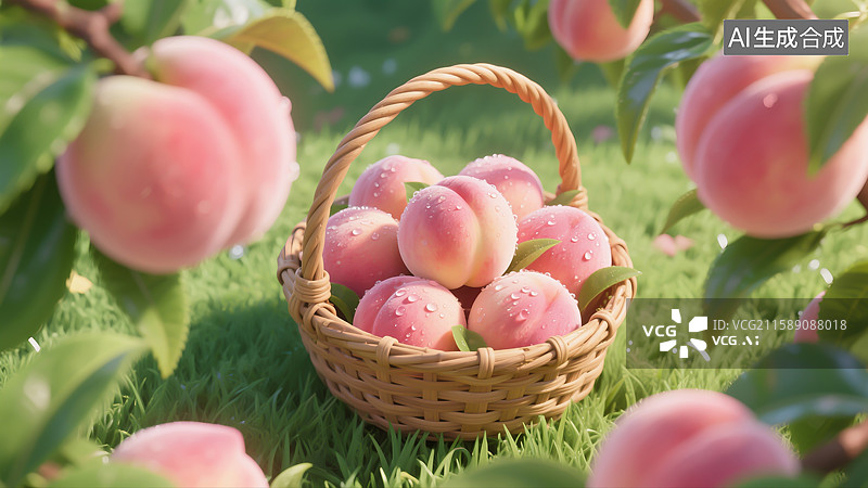 【AI数字艺术】绿草地上新鲜采摘的水蜜桃，水蜜桃大丰收插画图片素材