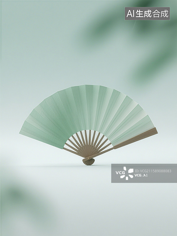 【AI数字艺术】一把绿色折扇展开，背景为淡绿色，整体风格简约清新图片素材