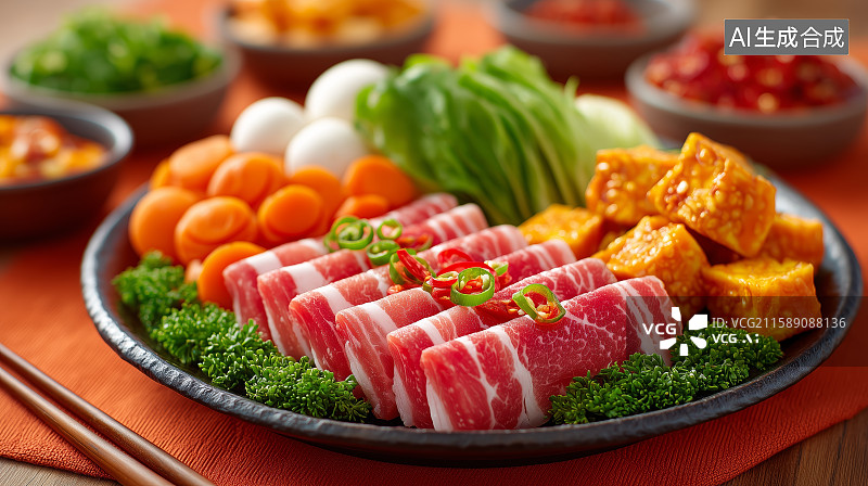 【AI数字艺术】新鲜食材与肉片摆盘图片素材