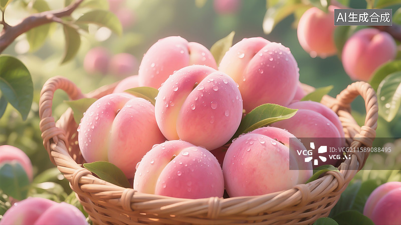 【AI数字艺术】新鲜采摘的水蜜桃，水蜜桃大丰收图片素材