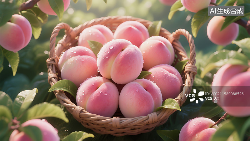 【AI数字艺术】绿草地上新鲜采摘的水蜜桃，水蜜桃大丰收插画图片素材