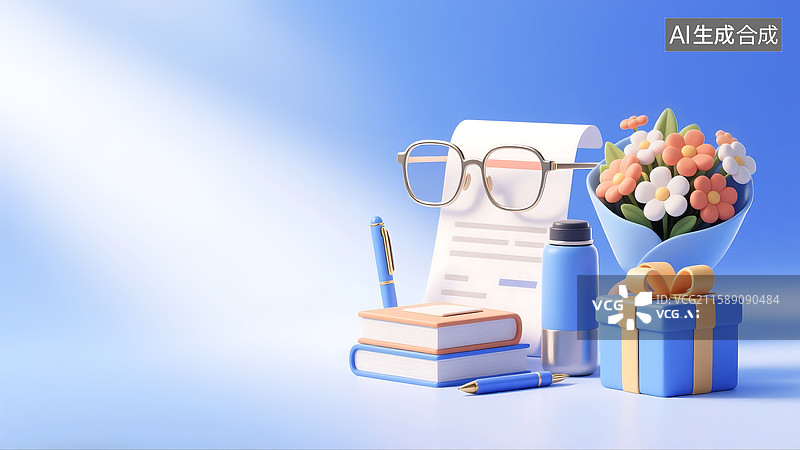 【AI数字艺术】3D三维立体C4D教师节办公桌花束礼物盒书本钢笔知识学习祝福感恩问候背景居右图片素材