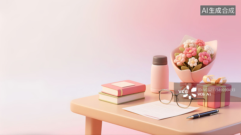 【AI数字艺术】3D三维立体C4D教师节办公桌花束礼物盒书本钢笔知识学习祝福感恩问候背景居右图片素材