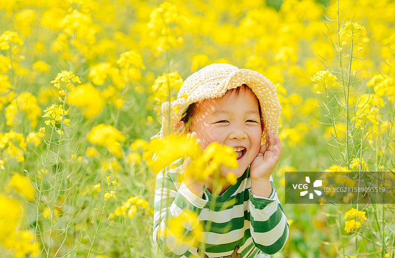 4岁的儿童在春天盛开的油菜花地里开心大笑图片素材
