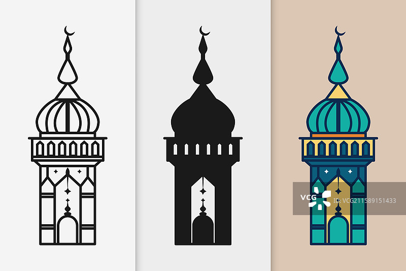 伊斯兰城堡轮廓和剪影图标集图片素材