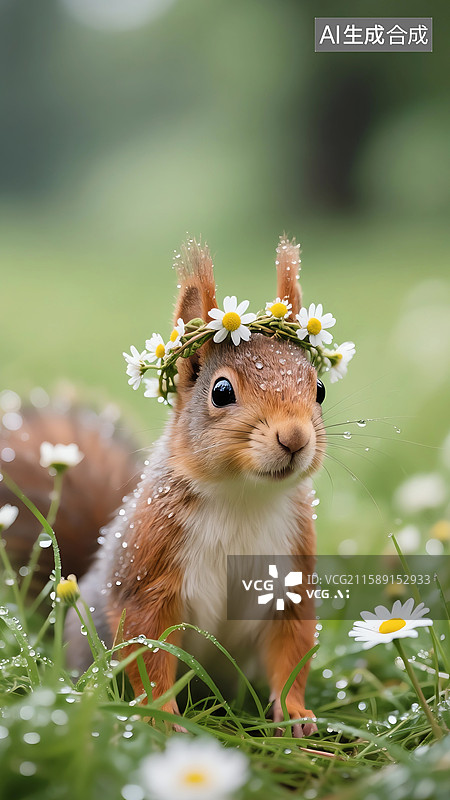 【AI数字艺术】草地里头戴花环的可爱小松鼠图片素材