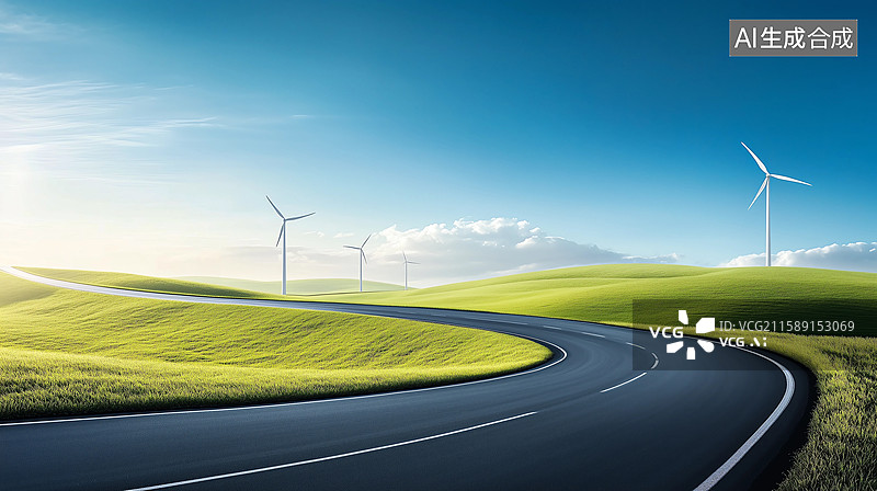 【AI数字艺术】穿过绿色田园和风力涡轮机的蜿蜒道路图片素材