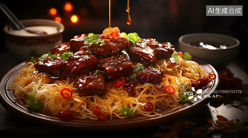 【AI数字艺术】美味牛肉浇汁拌面图片素材