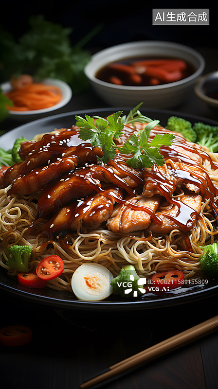 【AI数字艺术】叉烧浇汁拌面配蔬菜图片素材
