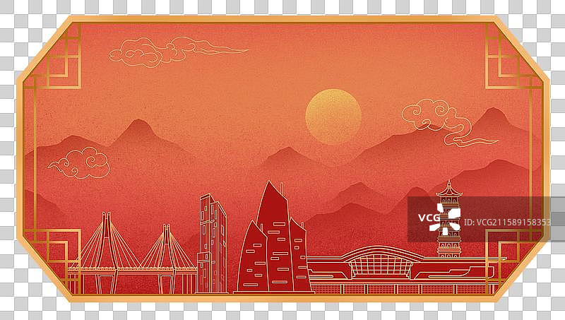 湛江红色中秋节中国风新年古典淡雅山峰窗花图片素材