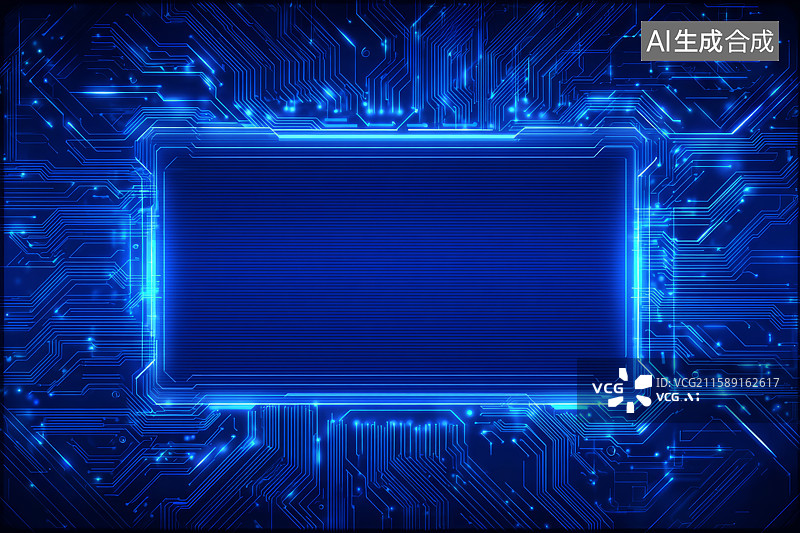 【AI数字艺术】电路板上的蓝色霓虹框架图片素材